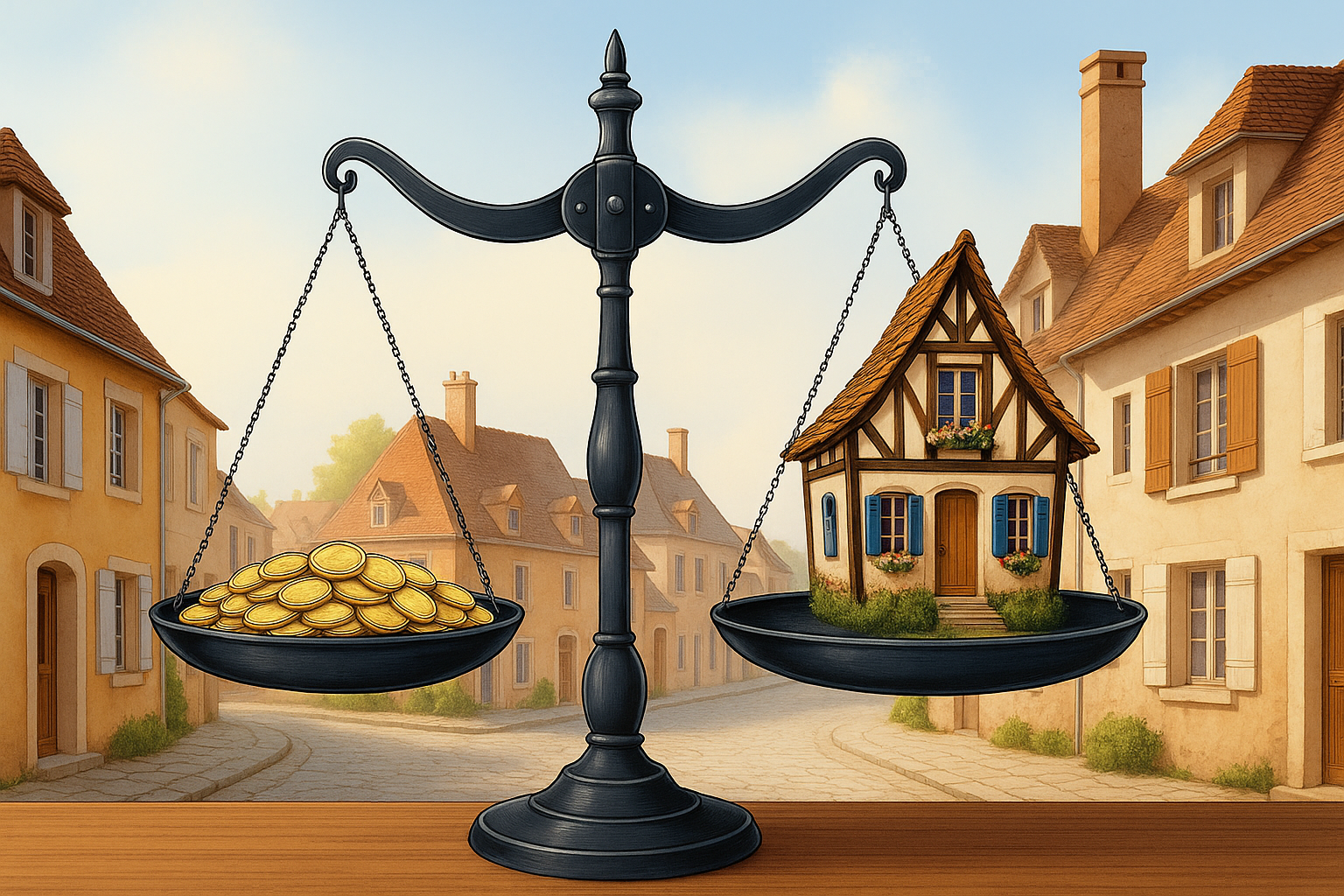 Balance avec maison et pièces sur plateaux