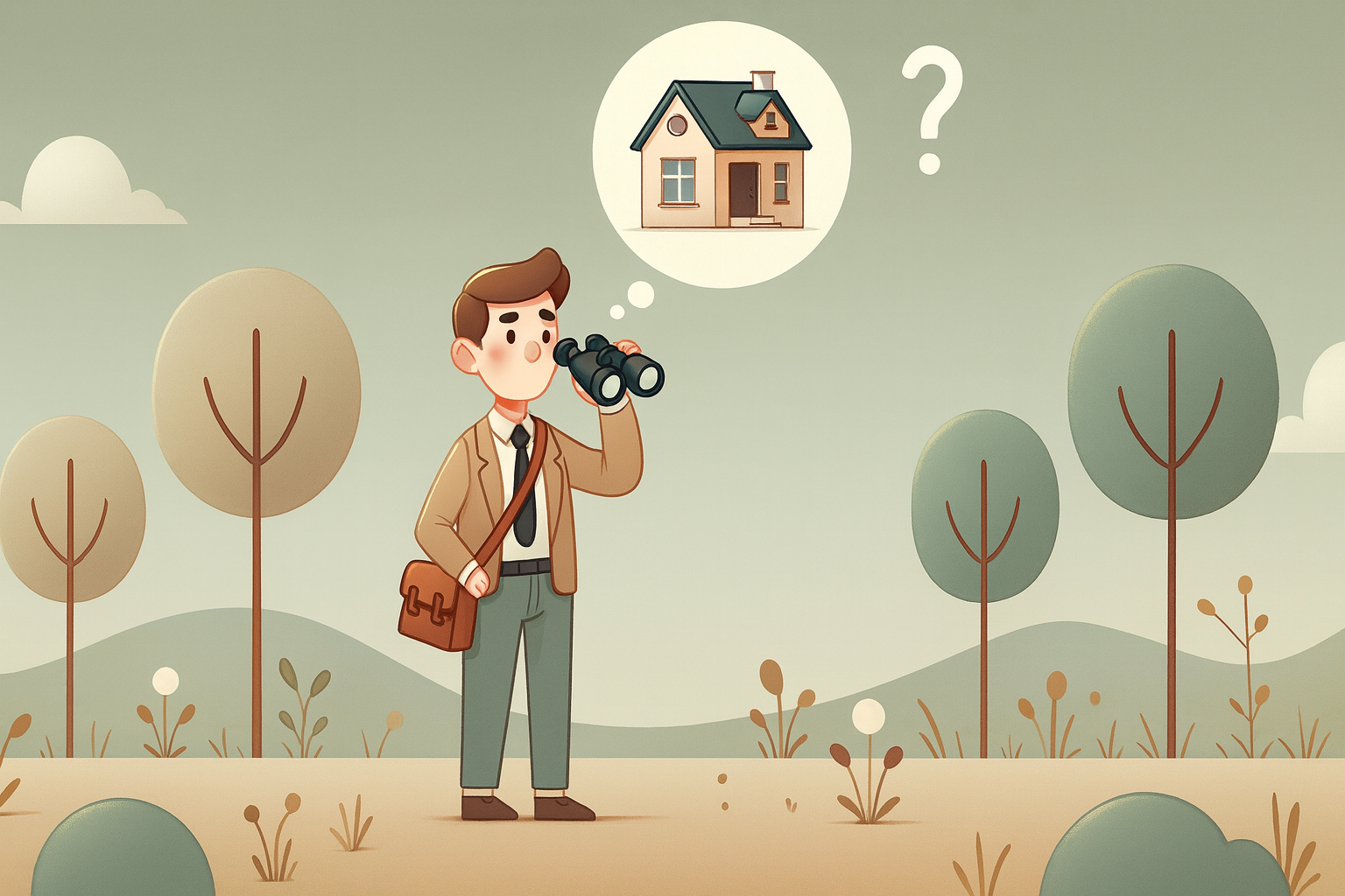 Illustration d'un homme en costume regardant une maison avec des jumelles
