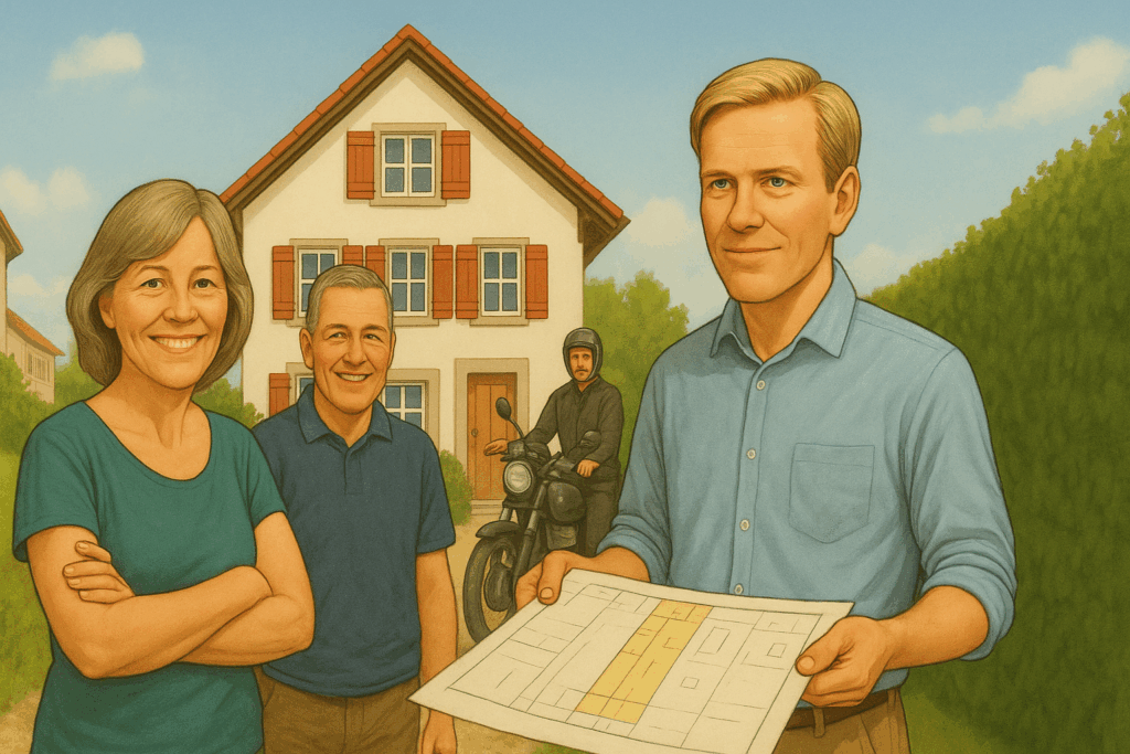 personnages devant maison