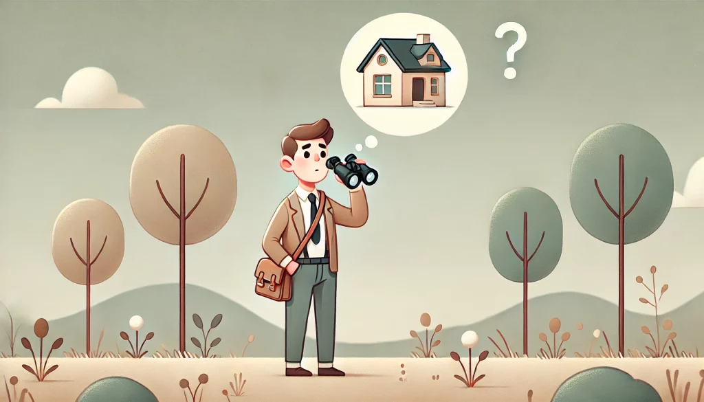 Illustration d'un homme en costume regardant une maison avec des jumelles