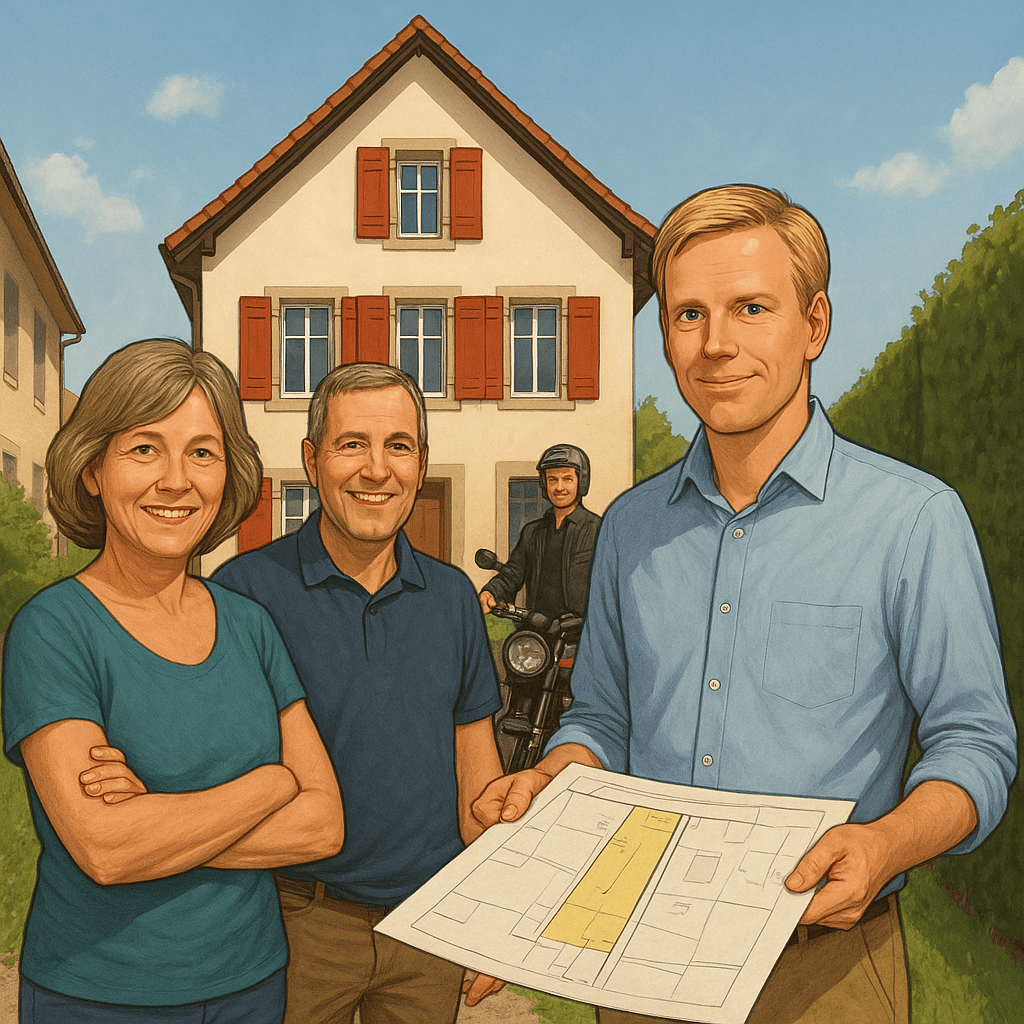 Des propriétaires devant leur maison, un courtier et un motard en fond.