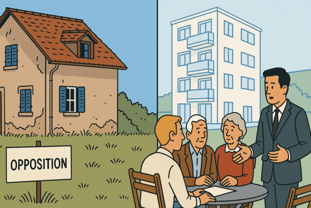 Personne en train de discuter devant un terrain à vendre.