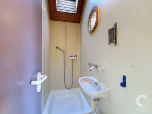 Small bathroom with beige walls and purple left wall, wooden ceiling with a skylight, circular wooden-framed mirror, handheld shower, and blue safety rail near the toilet/bidet area