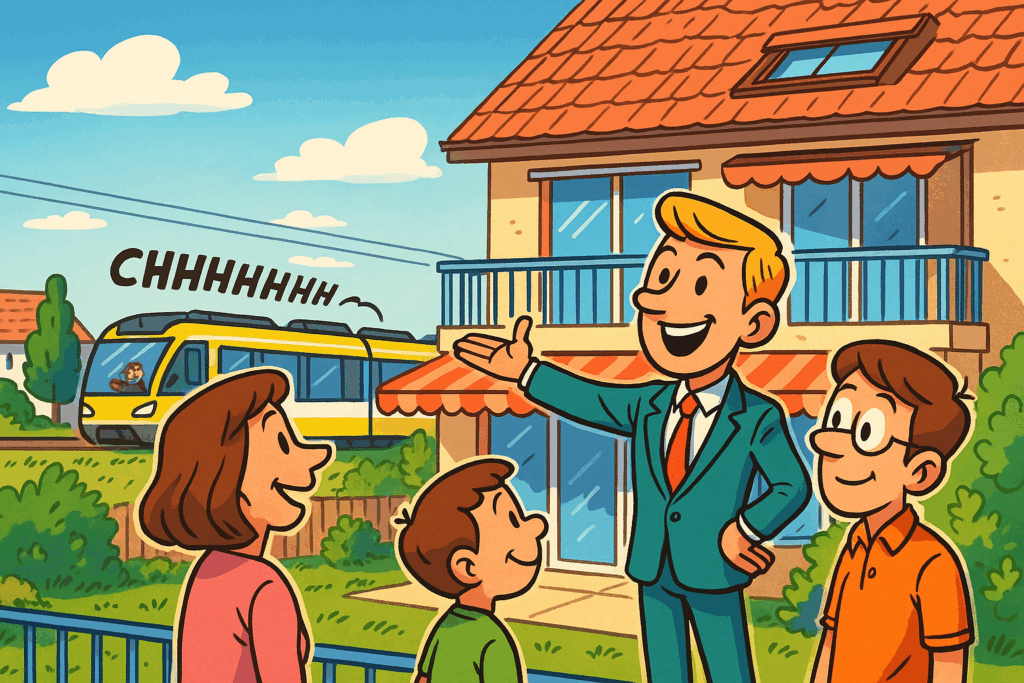 Illustration cartoon humoristique d'un courtier présentant une maison