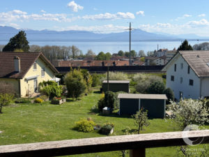 Backyard garden with trimmed lawn and flower beds, houses in the foreground, and a lake with snow-capped mountains in the distance.