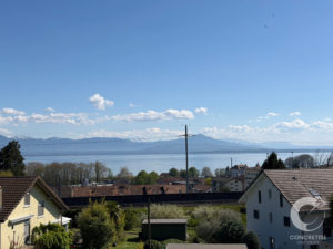 Residential neighborhood with red-tiled roofs along a lake, power lines crossing the scene, and distant mountains under a clear blue sky