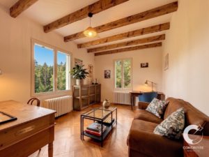 Cozy living room with exposed wooden ceiling beams, large windows showing trees, a brown sofa with patterned cushions, and a glass coffee table.