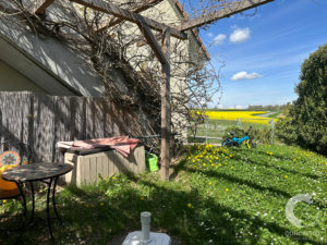 Backyard patio with a mosaic table, metal chairs, and a storage box under a vine-covered trellis; yellow field in the distance under a blue sky.