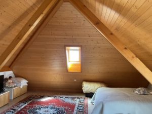 Attic bedroom with slanted wooden walls, two beds, and a red patterned rug under a small skylight window in the center wall.