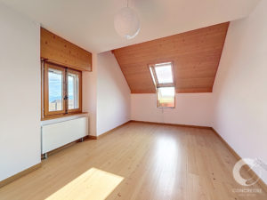 Bright empty attic room with a sloped wooden ceiling, skylight window, and mountain view outside the window.