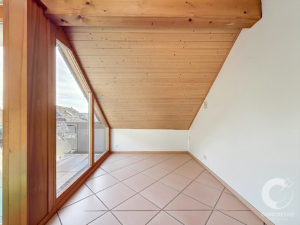 Bright loft room with a sloped wooden ceiling, large glass doors/windows, and a pink tiled floor starting to the left.