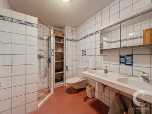 Contemporary tiled bathroom with a walk-in shower, toilet, double sink, and open shelving unit against white tiled walls with blue decorative accents