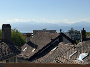 Residential rooftops with chimneys in the foreground, a distant mountain range on the horizon, and a clear blue sky above.
