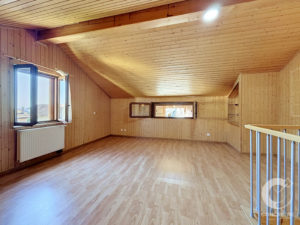 Bright attic room with wood-paneled walls and a sloped ceiling, two open windows on the left, radiator below, and a light hardwood floor there.