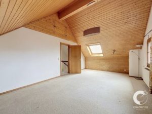 Empty attic room with wooden paneled sloped ceiling, skylight, and open door to a hallway; beige carpeted floor."