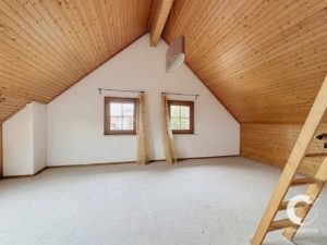 Empty attic room with white walls, sloped wood-paneled ceiling, two small windows with sheer curtains, and a wooden ladder on the right side.